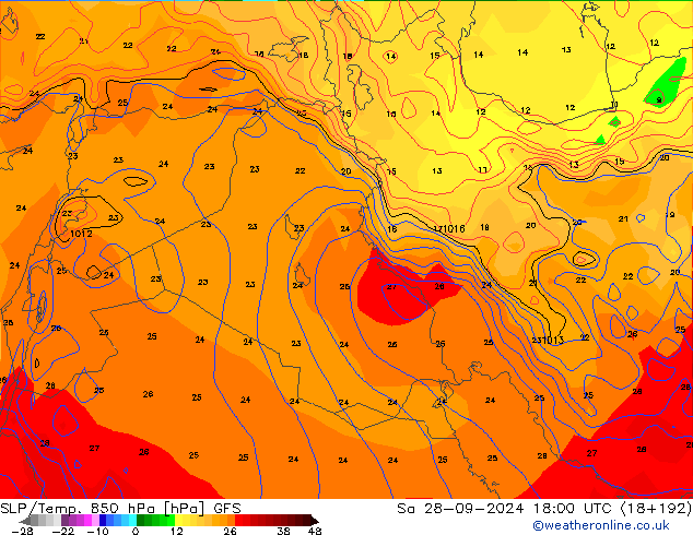 SLP/Temp. 850 hPa GFS sab 28.09.2024 18 UTC