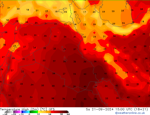 Max. Temperatura (2m) GFS so. 21.09.2024 15 UTC