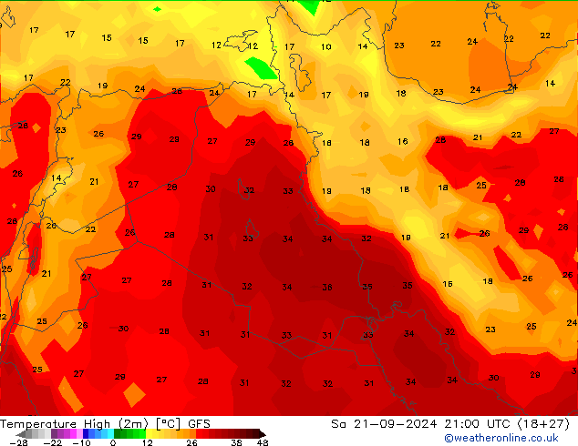 Temperatura máx. (2m) GFS sáb 21.09.2024 21 UTC