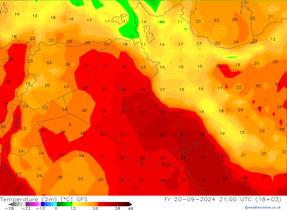 Temperature (2m) GFS Fr 20.09.2024 21 UTC