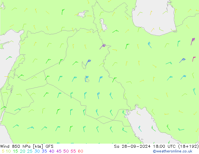 Vent 850 hPa GFS sam 28.09.2024 18 UTC