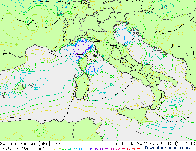 Isotachs (kph) GFS Qui 26.09.2024 00 UTC