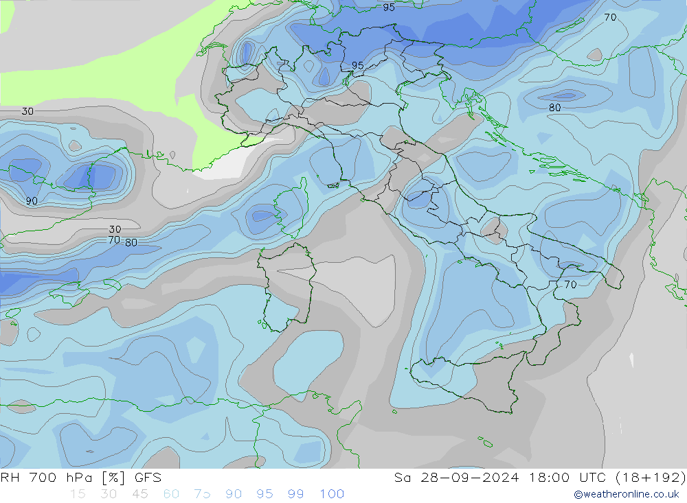 Humedad rel. 700hPa GFS sáb 28.09.2024 18 UTC