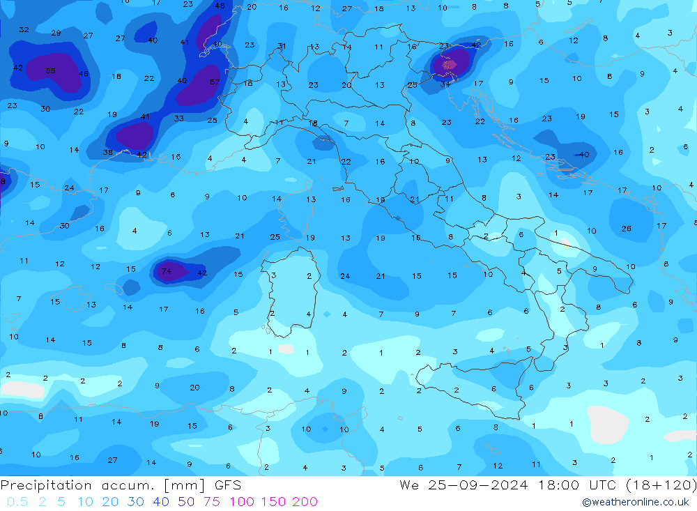 Precipitation accum. GFS We 25.09.2024 18 UTC