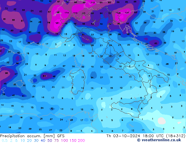 Precipitation accum. GFS Th 03.10.2024 18 UTC