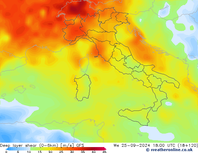 Deep layer shear (0-6km) GFS ср 25.09.2024 18 UTC