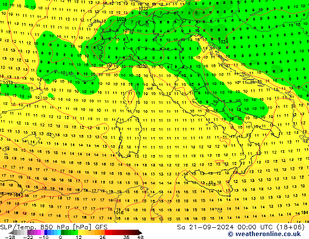 SLP/Temp. 850 hPa GFS sáb 21.09.2024 00 UTC