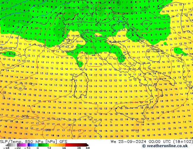 SLP/Temp. 850 hPa GFS Qua 25.09.2024 00 UTC