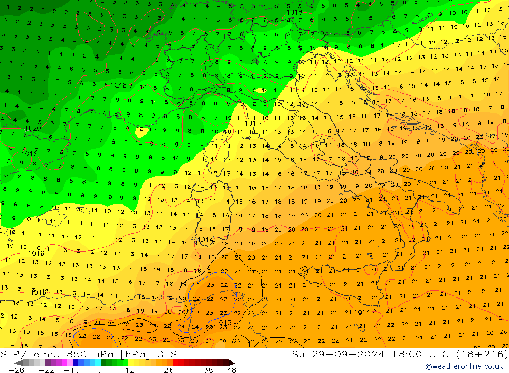 SLP/Temp. 850 hPa GFS dim 29.09.2024 18 UTC