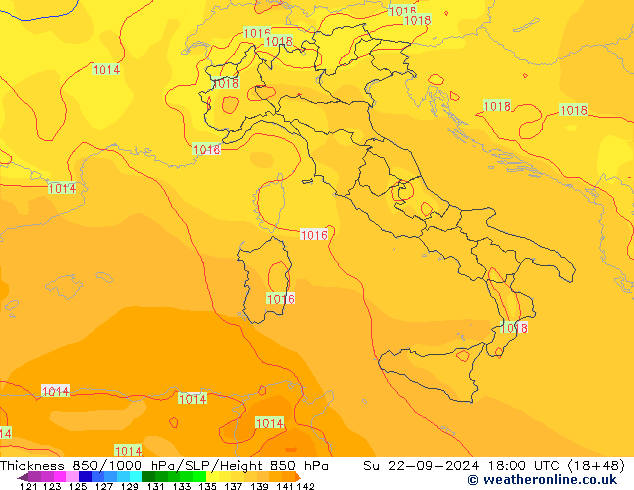 Espesor 850-1000 hPa GFS dom 22.09.2024 18 UTC