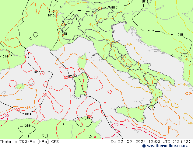 Theta-e 700hPa GFS Su 22.09.2024 12 UTC