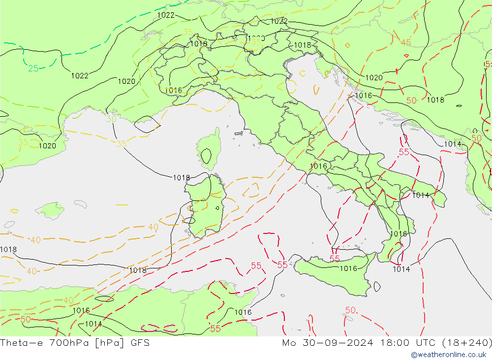 Theta-e 700hPa GFS Mo 30.09.2024 18 UTC