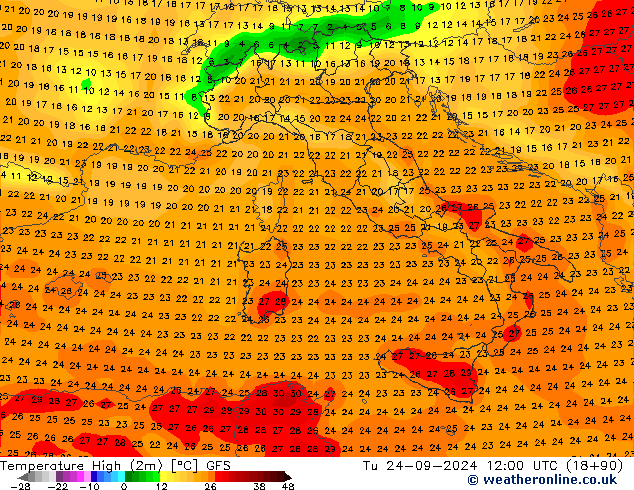 Maksimum Değer (2m) GFS Sa 24.09.2024 12 UTC