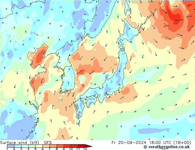 Surface wind (bft) GFS Fr 20.09.2024 18 UTC