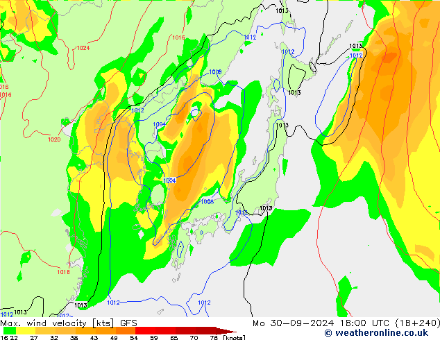 Max. wind velocity GFS пн 30.09.2024 18 UTC