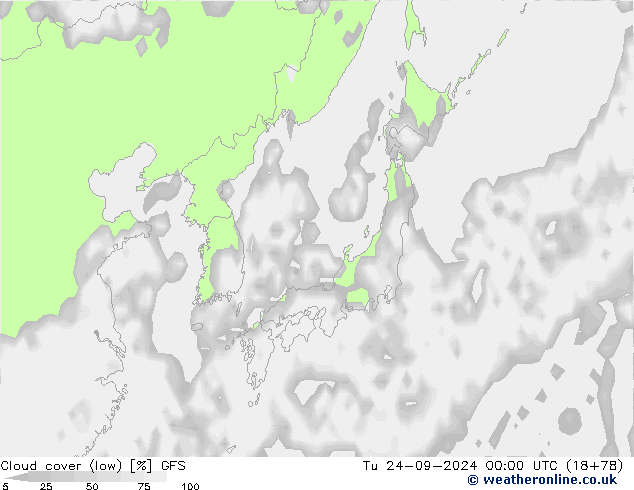 Cloud cover (low) GFS Tu 24.09.2024 00 UTC