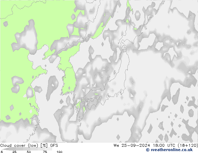 Bewolking (Laag) GFS wo 25.09.2024 18 UTC