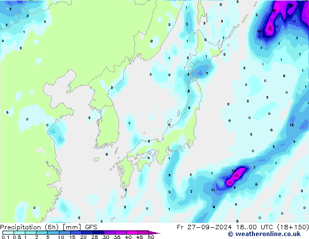 Precipitation (6h) GFS Pá 27.09.2024 00 UTC