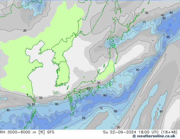 RH 3000-6000 m GFS Su 22.09.2024 18 UTC