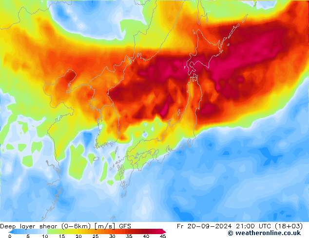 Deep layer shear (0-6km) GFS ven 20.09.2024 21 UTC