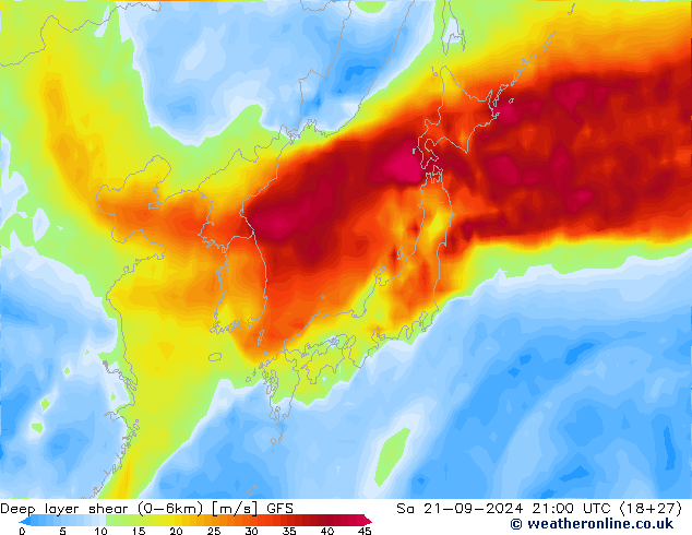 Deep layer shear (0-6km) GFS  21.09.2024 21 UTC