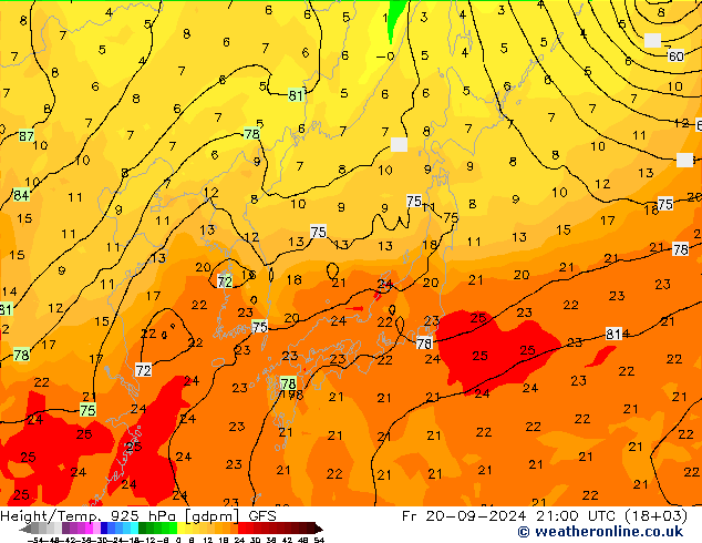 Height/Temp. 925 hPa GFS Fr 20.09.2024 21 UTC