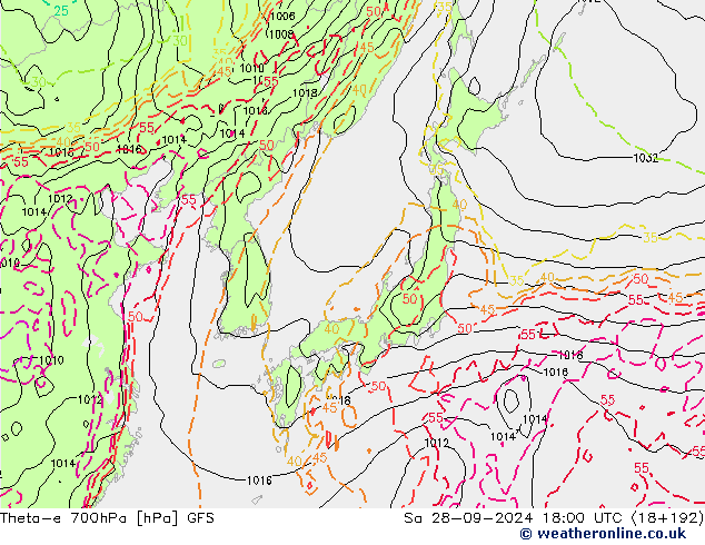 Theta-e 700hPa GFS Cts 28.09.2024 18 UTC