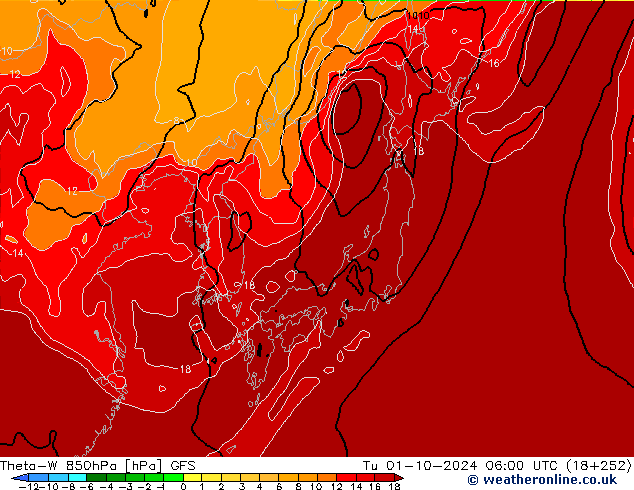 Theta-W 850hPa GFS wto. 01.10.2024 06 UTC