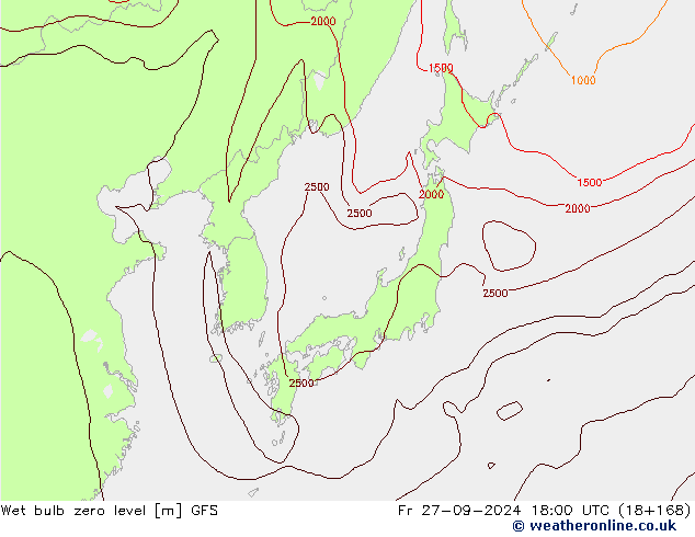 Wet bulb zero level GFS vie 27.09.2024 18 UTC