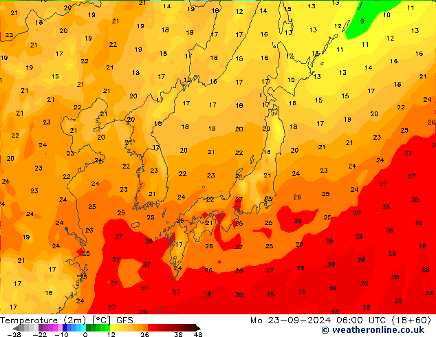 Temperature (2m) GFS Mo 23.09.2024 06 UTC