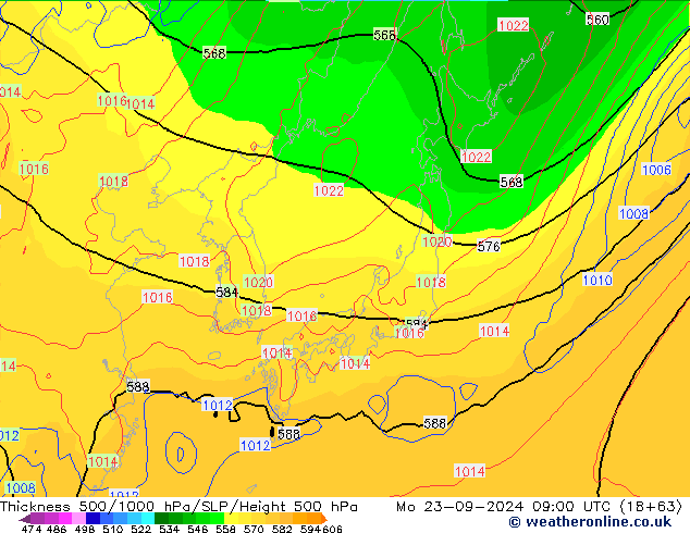 500-1000 hPa Kalınlığı GFS Pzt 23.09.2024 09 UTC