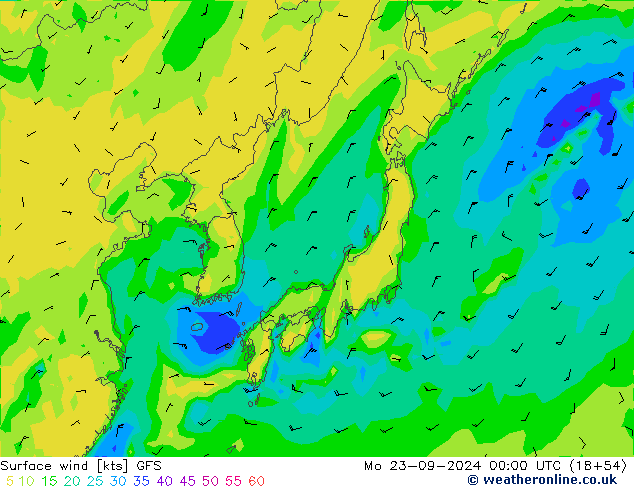 ветер 10 m GFS пн 23.09.2024 00 UTC