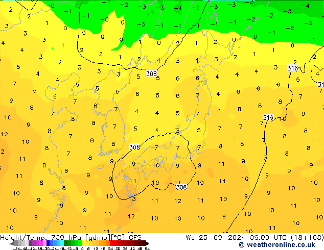 Height/Temp. 700 hPa GFS Qua 25.09.2024 06 UTC