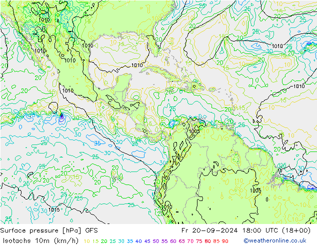 Isotachs (kph) GFS Fr 20.09.2024 18 UTC