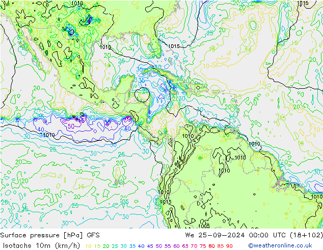 Eşrüzgar Hızları (km/sa) GFS Çar 25.09.2024 00 UTC