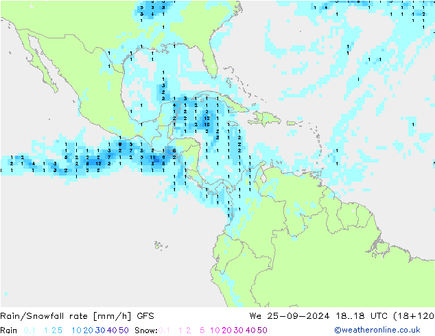 Rain/Snowfall rate GFS śro. 25.09.2024 18 UTC