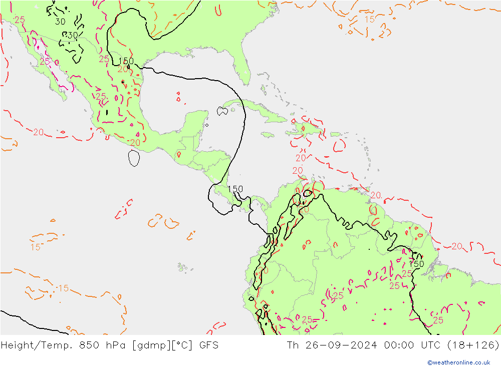 Geop./Temp. 850 hPa GFS jue 26.09.2024 00 UTC