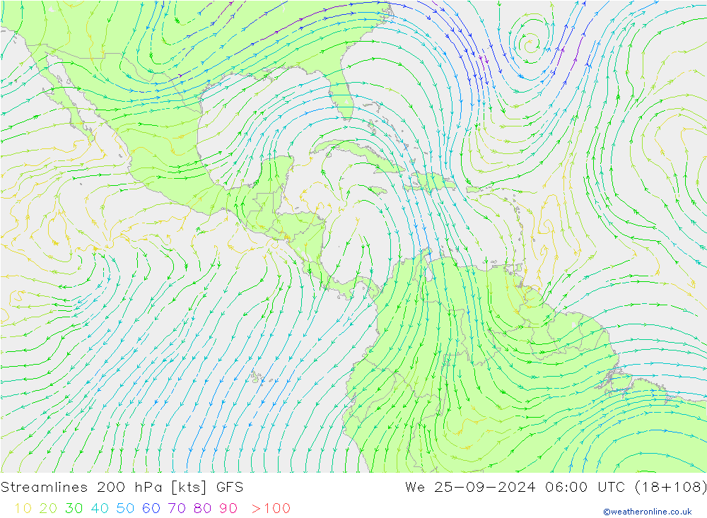 Linea di flusso 200 hPa GFS mer 25.09.2024 06 UTC