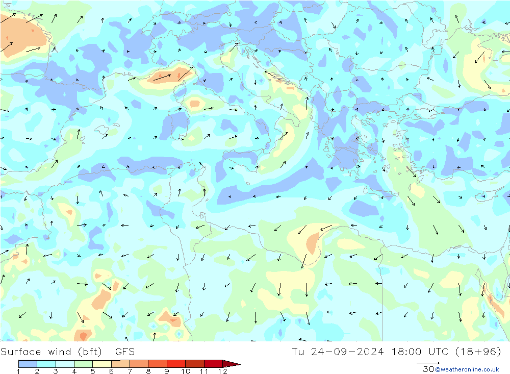 Surface wind (bft) GFS Tu 24.09.2024 18 UTC