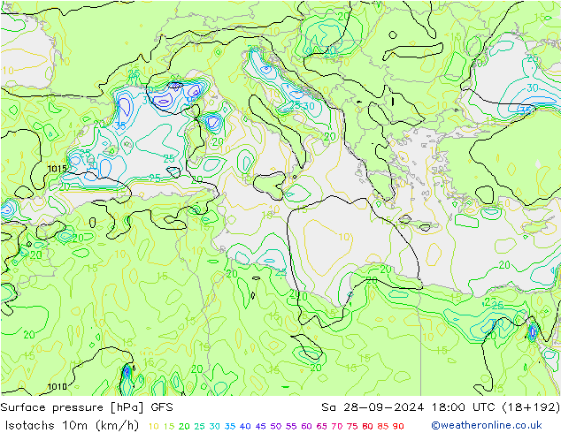 Isotachs (kph) GFS sam 28.09.2024 18 UTC