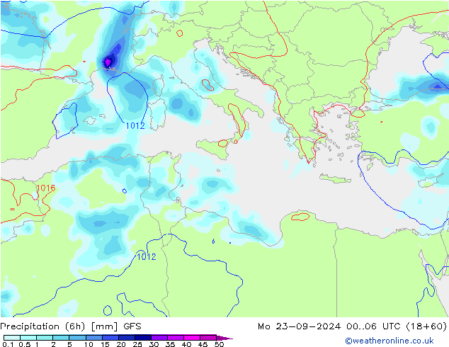 Précipitation (6h) GFS lun 23.09.2024 06 UTC