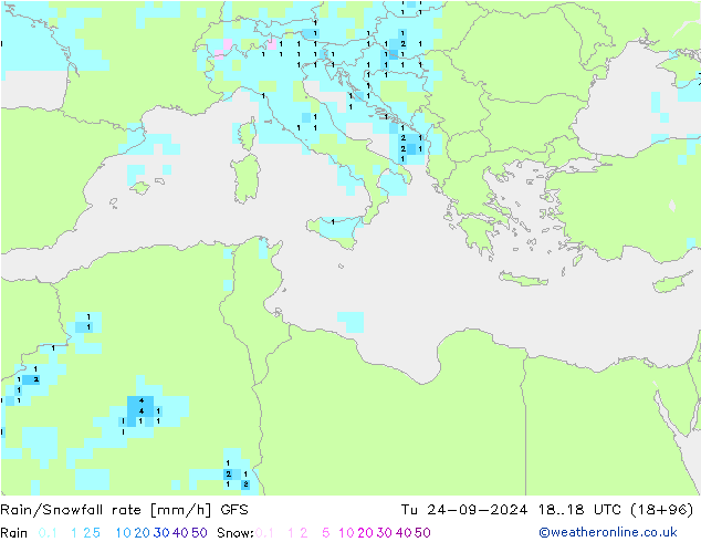 Rain/Snowfall rate GFS Tu 24.09.2024 18 UTC