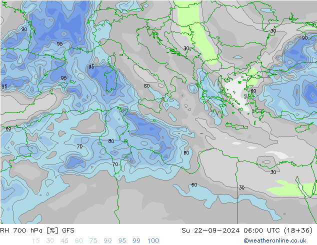 RH 700 hPa GFS Su 22.09.2024 06 UTC