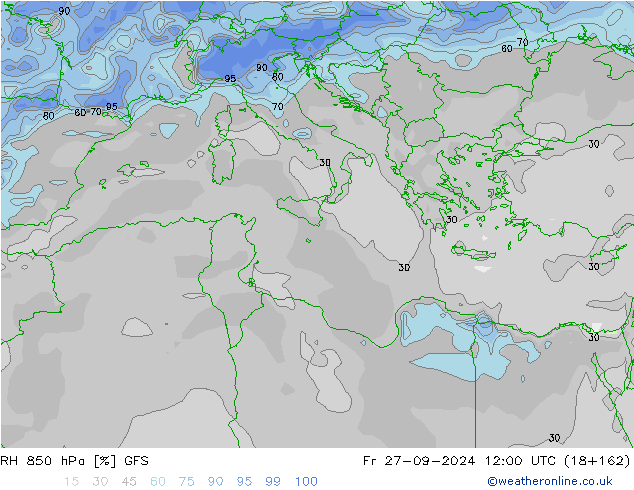 RH 850 гПа GFS пт 27.09.2024 12 UTC