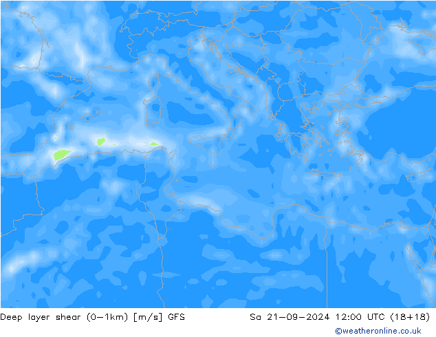 Deep layer shear (0-1km) GFS sáb 21.09.2024 12 UTC