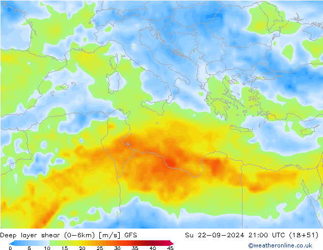 Deep layer shear (0-6km) GFS dom 22.09.2024 21 UTC