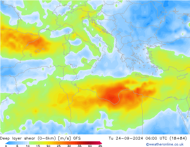 Deep layer shear (0-6km) GFS di 24.09.2024 06 UTC