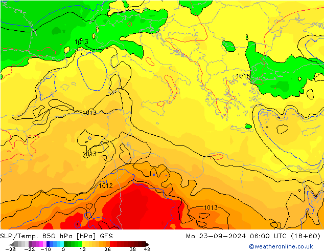 SLP/Temp. 850 гПа GFS пн 23.09.2024 06 UTC