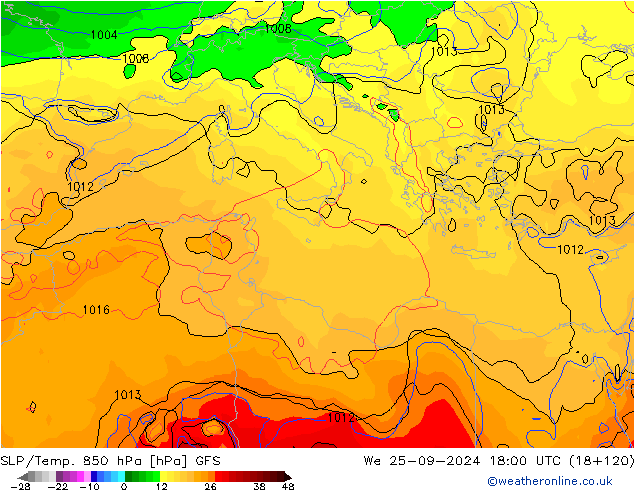 SLP/Temp. 850 hPa GFS St 25.09.2024 18 UTC