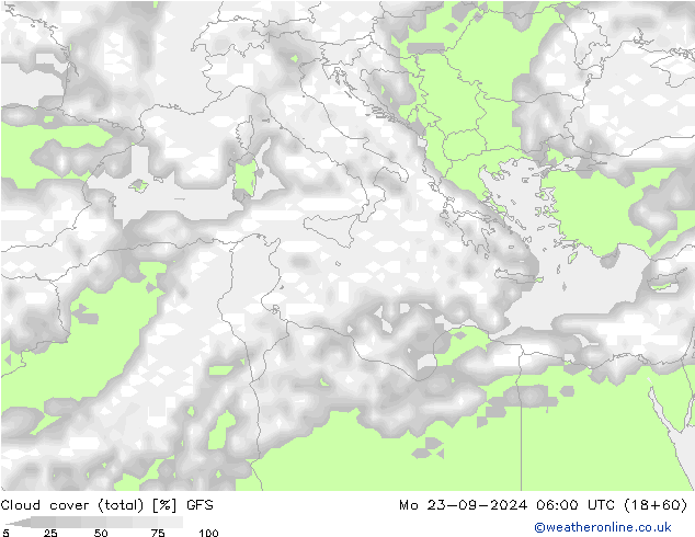 Cloud cover (total) GFS Mo 23.09.2024 06 UTC